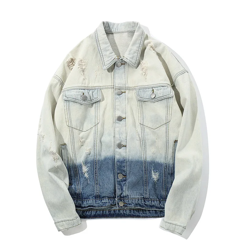 Washed Gradient Color Denim Jacket Man Ripped Frayed Hip Hop Clothing Streetwear Jacket High Street Swag Jeans Men Jackets