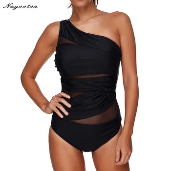 

Women Sexy One Piece Swimsuit 2019 Black Hollowed out summer beachwear Lace One Shoulder Swimwear Bathing Bodysuit PLUS SIZE 3XL