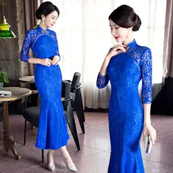 Мода Королевский синий элегантный Китайская традиционная Cheongsam Кружево Qipao для Для женщин рыбий хвост Cheongsam Тонкий вечерние платье