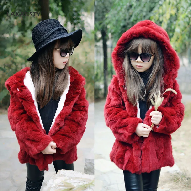 

LAKAKSTY Brand Real Fur Coat High Quality Fashion Kids Girls Winter Clothes Rubbit Fur Warm Jacket Children's Hooded Outerwear