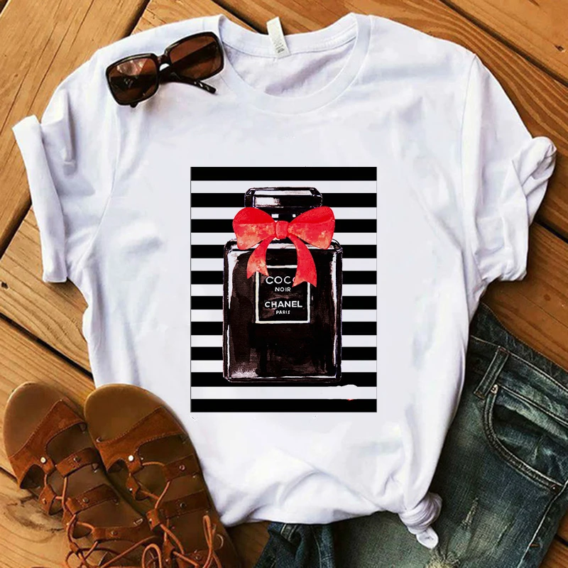 

Perfumer Floral Stripe T Shirt Women 100% Cotton Summer Shirt Lady Luxury Brand Streetwear T-shirt Karl Pay Tribute Tops