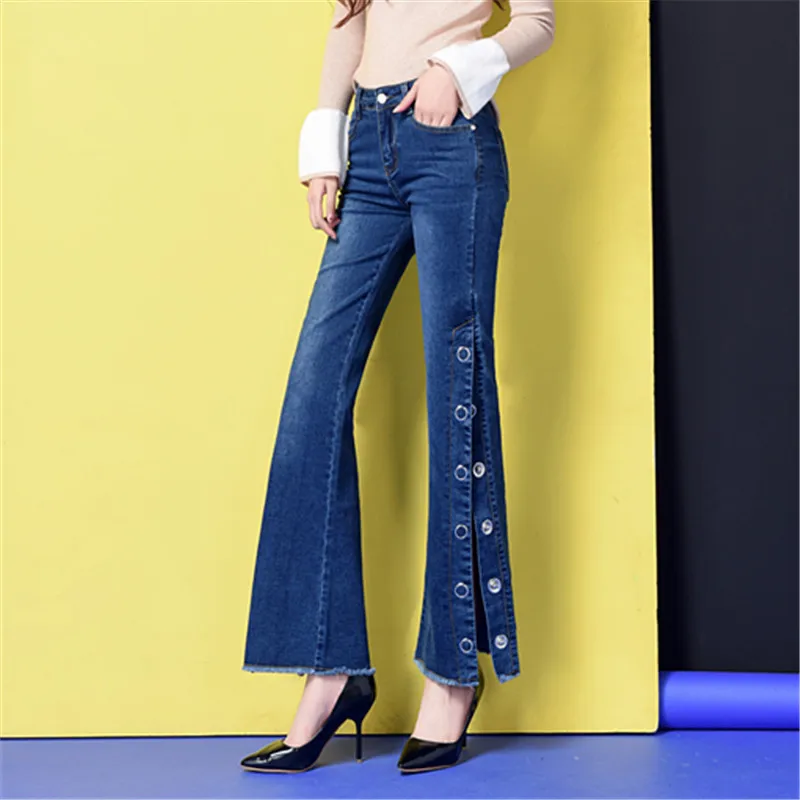 Корейский большой большого размера, расклешенные джинсы для женщин высокие стрейч тонкий длинные широкие джинсы для разделение сбоку