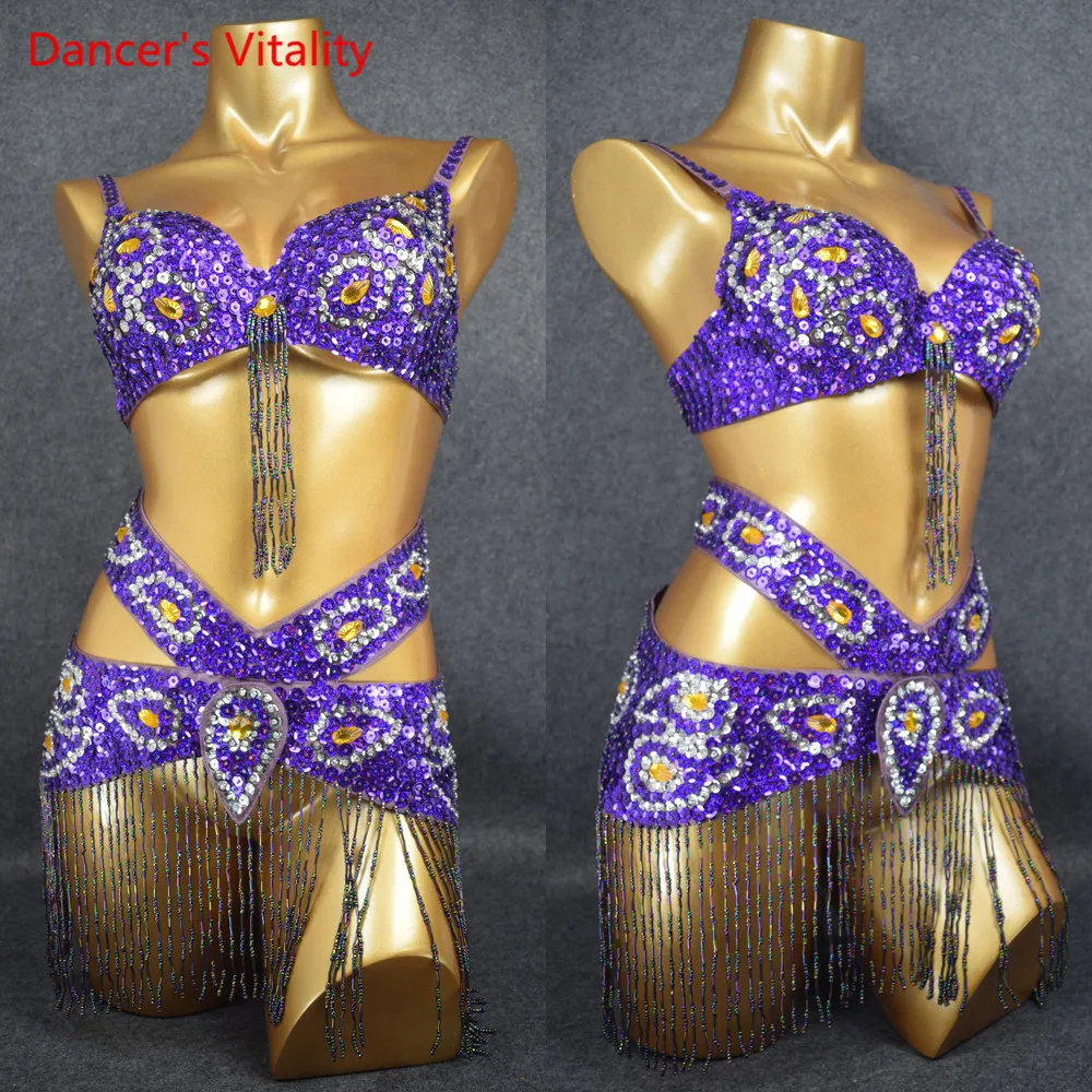 

Women Bellydance Competiton Clothing Eastern Style Beaded Top & Belt 2 Pieces Set Costumes For Belly Dance Performance Costume