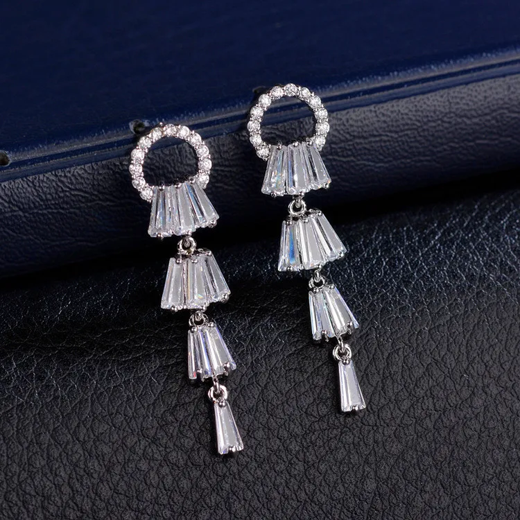 

Luxury Fashion Big Long Stud Earrings Cute Silver Color Wedding Earrings For Women Boho Double Zircon Stone Earrings Jewelry