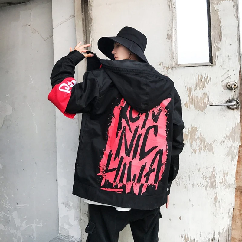 

2017 New Streetwear Black Men Denim Jacket Autumn Block Hooded Jackets Men Hip Hop Hoodies Coats