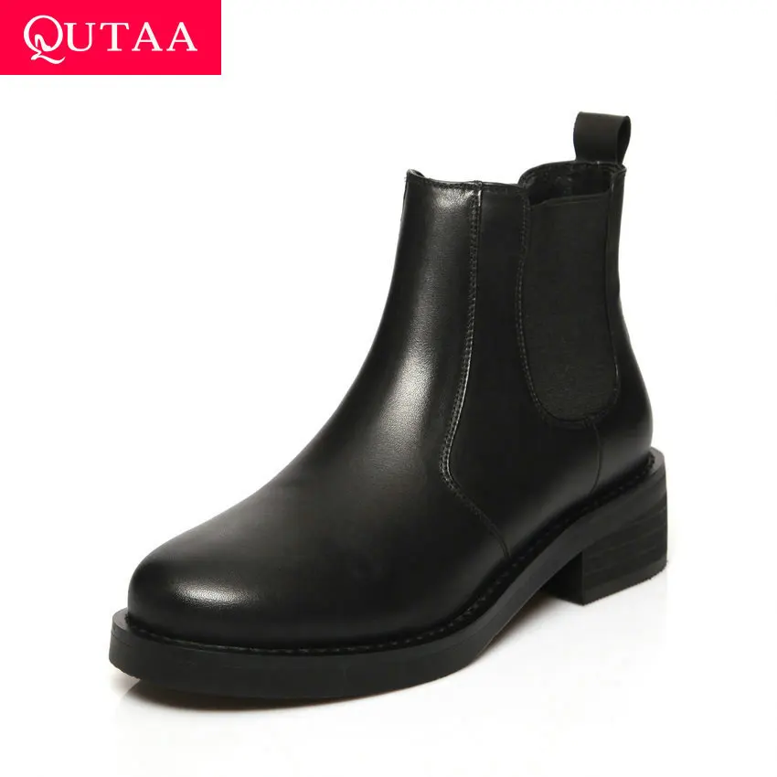 

QUTAA 2020 Round Toe Platform Slip on Fashion Women Shoes Genuine Leather Middle Heel Autumn Winter Casual Ankle Boots Size34-42
