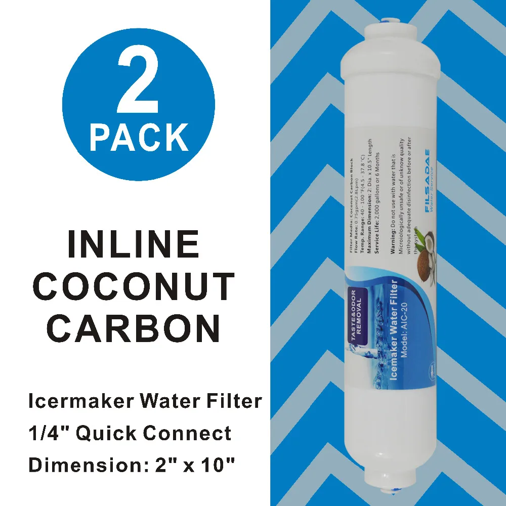 

High Quality Icemaker and Refrigerator Dispenser Drinking Water Filter 10" Inline Coconut Carbon Filters 1/4" Quick Push - 2PACK