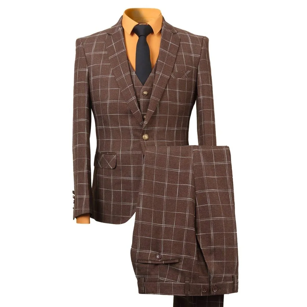 

JinXuanYa Men's brown plaid suit Gentleman's work suit Wedding Work Party suit 3 piece (coat+Pants+Vest)custom size suit