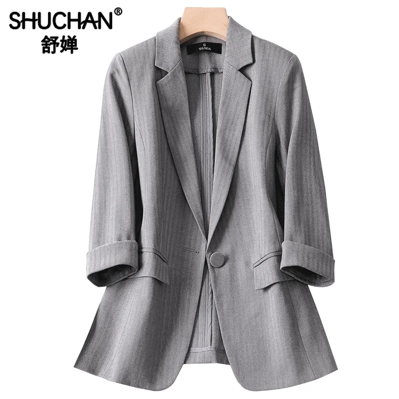 

Shuchan Summer Jackets for Women Blazers 2019 3/4 Sleeve Solid Single Button Office Lady Work Wear Women Clothes Fashion