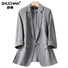 Shuchan Summer Jackets for Women Blazers 2019 3/4 Sleeve Solid Single Button Office Lady Work Wear Women Clothes Fashion