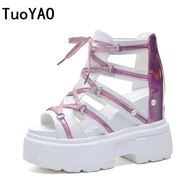 

2019 Summer Women Sneakers Sandals Round-toe Wedge Platform Casual Shoes Woman 10CM Heels Thick Bottom Sandals Beach Flip Flops