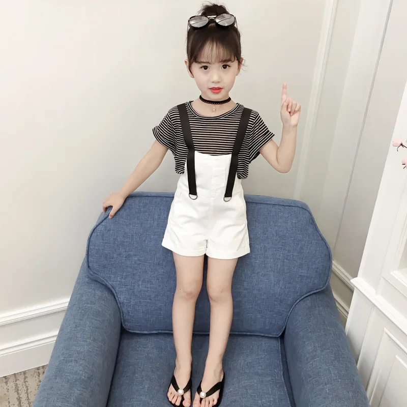 

2019 New Summer Girls 'Striped T Shirt + Cowboy Strap Pants Set