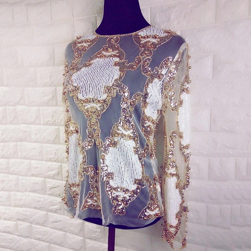 Роскошные Сияющие бусины блузка женская мода новая О-образным вырезом полный рукав Геометрические блестки сексуальные женские блузки одежда для вечеринок SL111