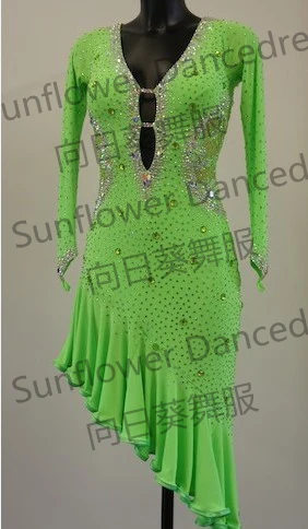 Зеленое латинское танцевальное платье, бальное платье Румба Jive Chacha для Бальных и латиноамериканских танцев платье для девочек женщин