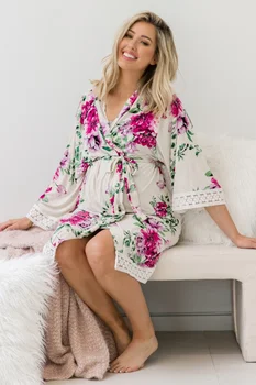 

Women Maternity Pregnant Long Sleeve V-neck Floral Lace Nursing Robes Sleepwear Nightwear