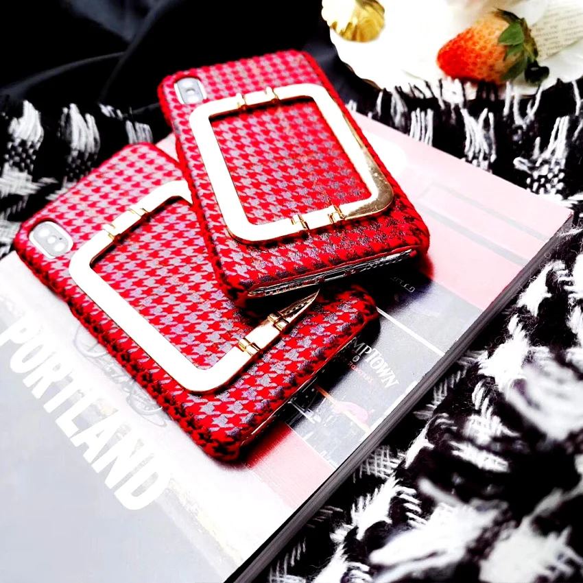 

Big Metal Square Handle Cases For iPhone X XR XS MAX Carry & Grip Fashion Red Grid Soft TPU For iPhone 8 7 7plus 6 6s 6plus