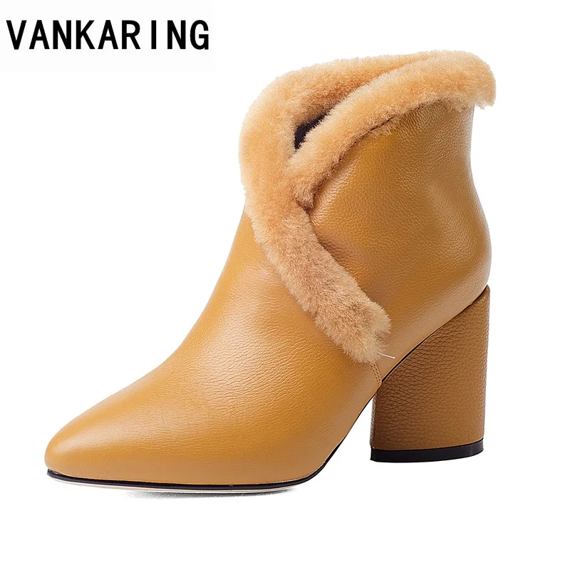 

VANKARING women ankle boots shoes new fashion genuine leather sexy high heels pointed toe real fur shoes woman dress party boots