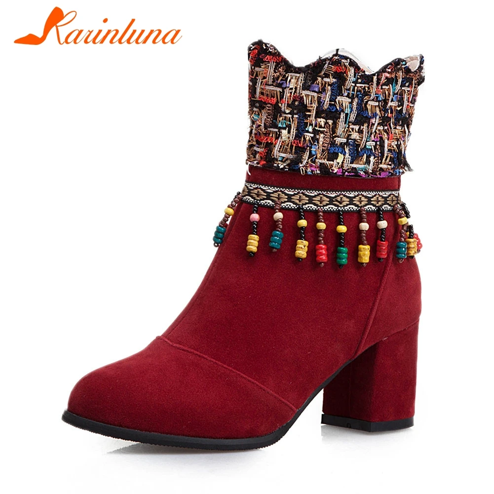 

KARINLUNA New Plus Size 34-50 Fringe High Heels Zip Woman Shoes Woman Casual Party Ol Ethnic Style Autumn Winter Ankle Boots