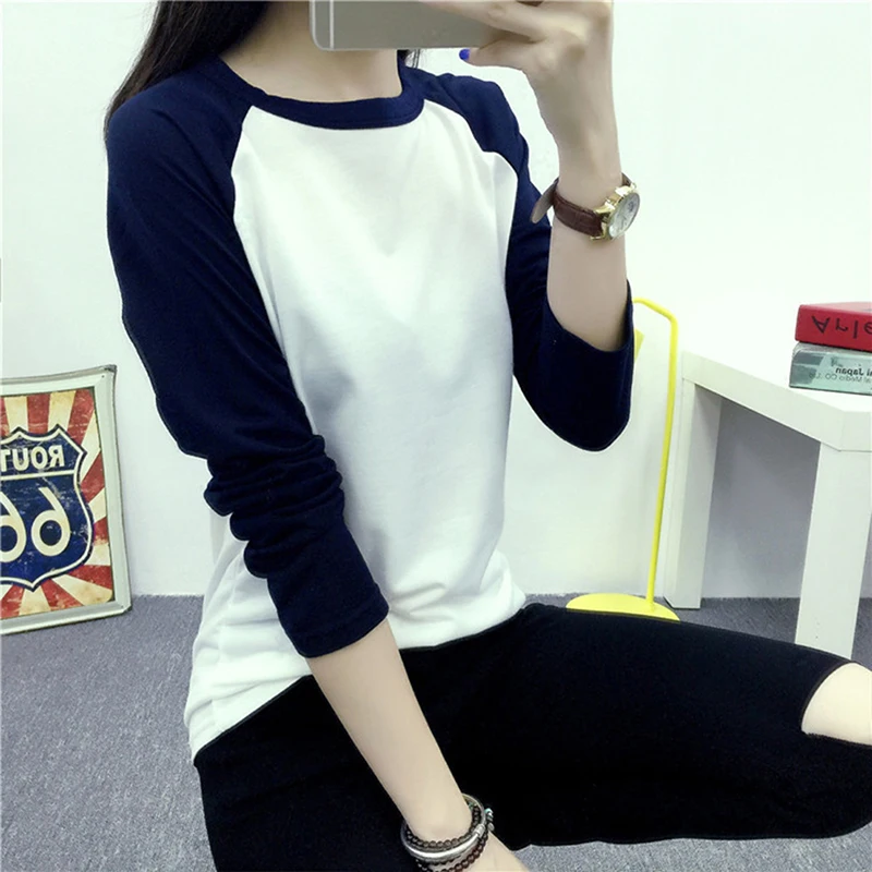 

Plus Size Women T-shirt 2019 Autumn Long Sleeve Color Block Tees Patchwork Fall New Multicolor O Neck Basic Tops Vetement Femme