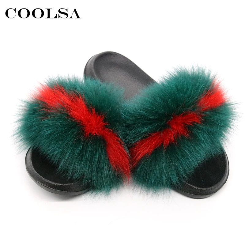 comprar Coolsa Verão Mulheres Chinelos de Pele De Raposa Real Fox cabelo Slides feminino Fluffy Plush Furry Indoor Chinelos Sandálias de Praia Casuais sapatos