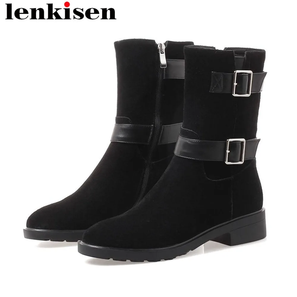 

2018 superstars black buckle belt round toe natural leather low thick heels winter modern girls fashion show mid-calf boots L98