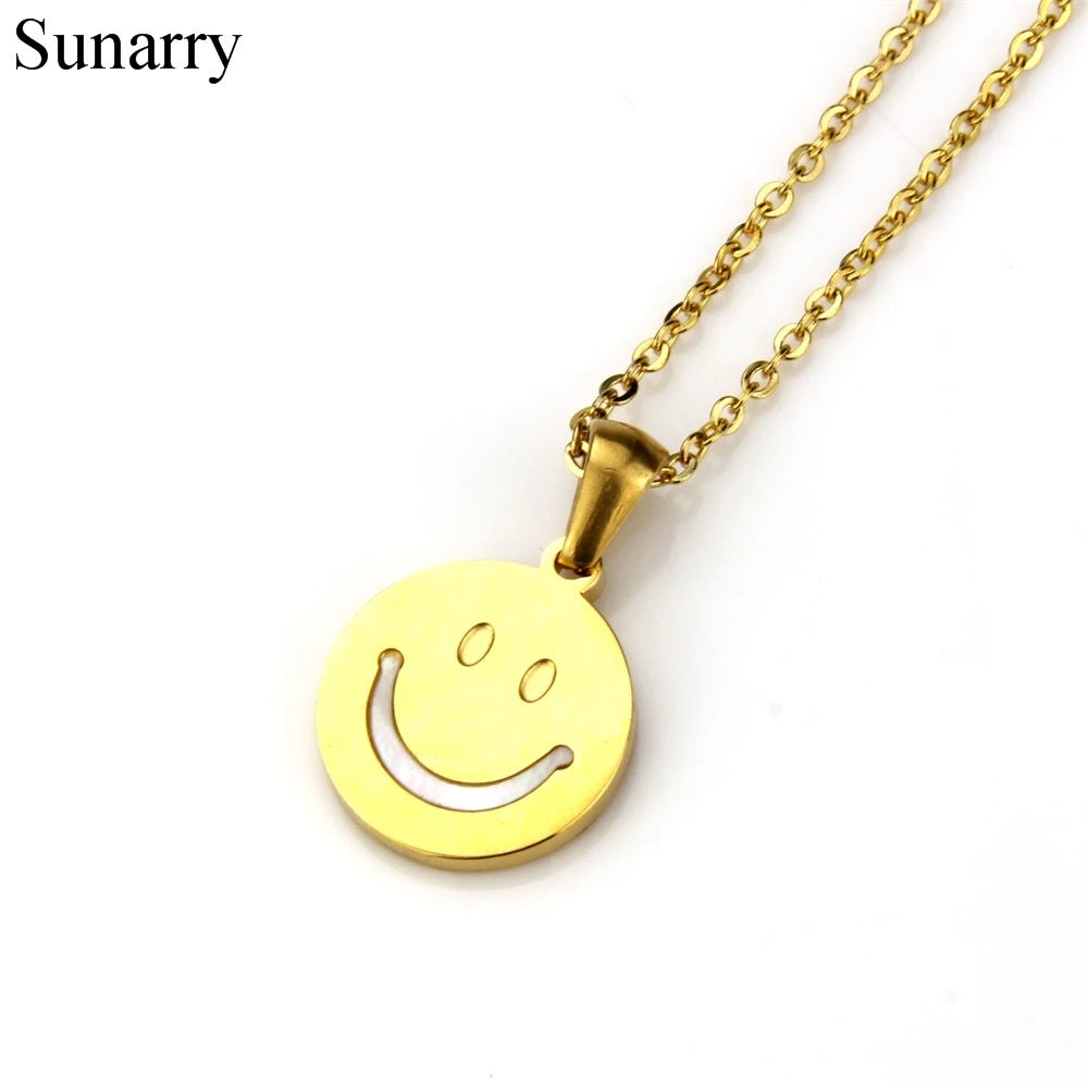 Sunarry Gold Color Stainless Steel Smile Face White Shell And Crystal Pendant Necklaces Women's Fashion Jewelry Colar Feminina |