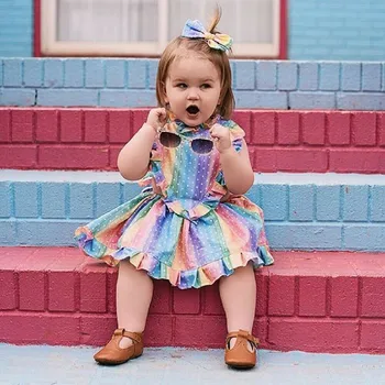 

Toddler Baby Girls Sleeveless Rainbow Dot Print Ruffles Dress Backless Party Cute Sukienka Niemowlak 1St Birthday Lovely Dress