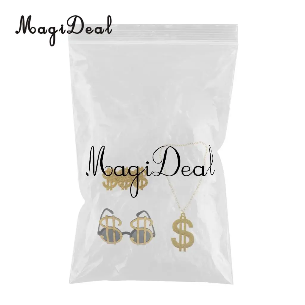MagiDeal Set of 3pcs Glitter USD Dollar Signs Eye Glasses Ring Necklace 70s 80s Rapper Big Daddy Costume Dress up Jewelry Props