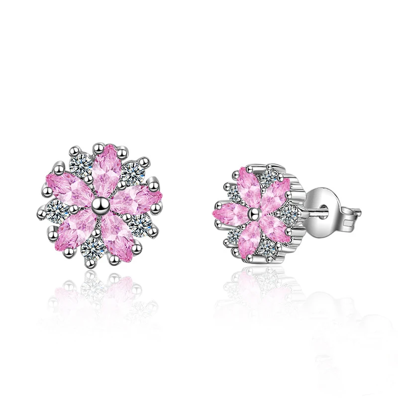 

Romantic 925 Sterling Silver Cherry Blossom Stud Earrings Pink Enamel Crystal Earrings for Women Fine Jewelry