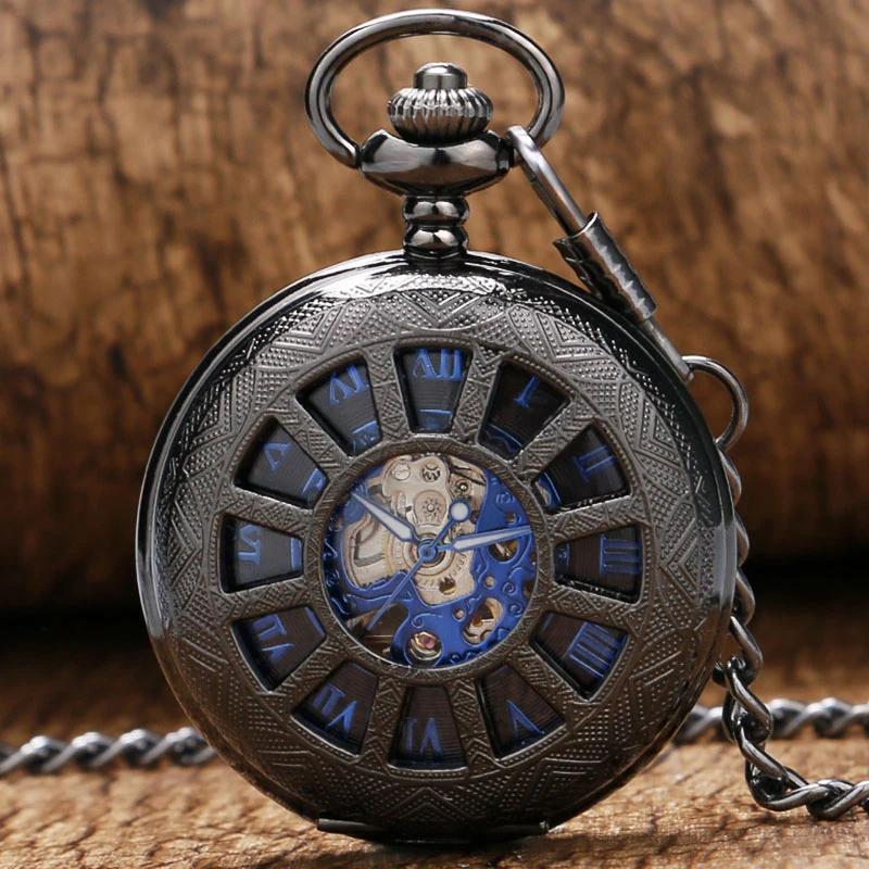 Мода ретро черный полый колеса кареты корпус дизайн с голубым римские цифры механические подарочные карманные часы