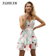 

Sexy Backless Summer Hot Solid Women Dress V-neck Sling Lace Print Beach Party Dresses Slim Mini Lady clothing Dress K021