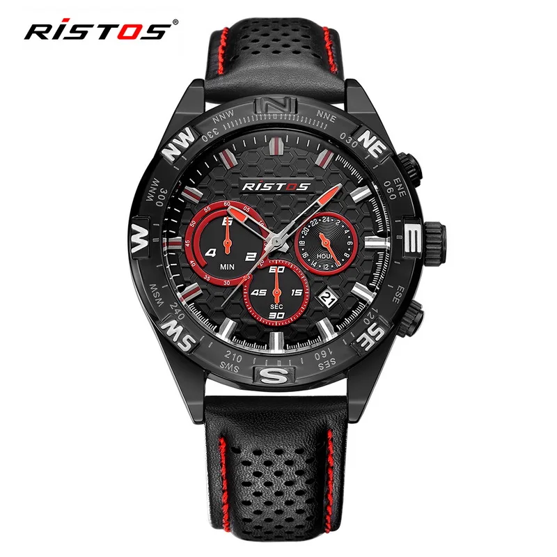 

RISTOS Extreme Sports Cool Watch Chronograph Military Quartz Watch Casual Leather Watches Gifts Reloj Masculino WristWatch 93002