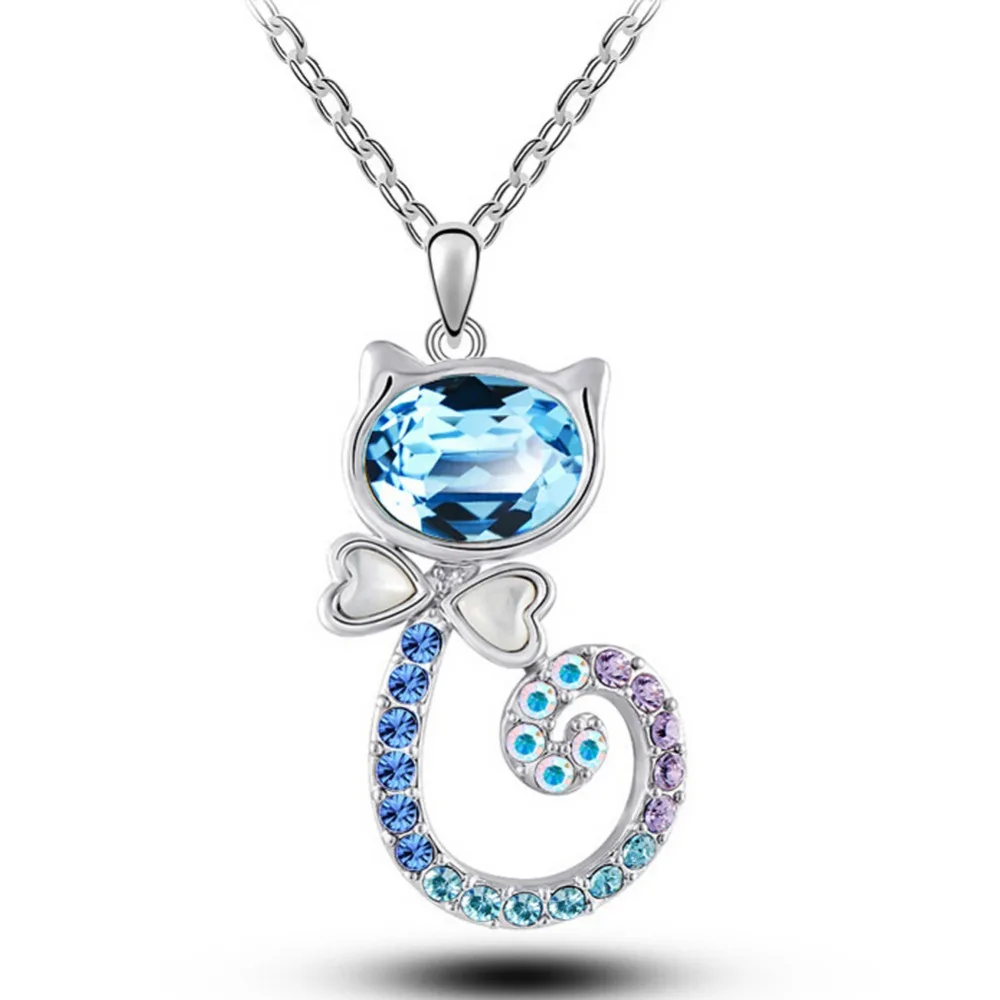 

Korean Fashion Creative Crystal Kitty Pendant Necklace Cute Cat Suit Rolling Tail Necklace Girls Jewelry Accessories Wedding