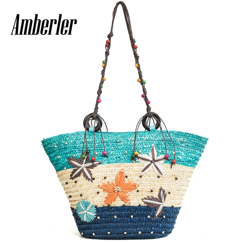 

Amberler Summer Women Straw Beach Bags High Quality Ladies Crossbody Bags For Women Handbag With Flowers Fashion Shoulder Bag