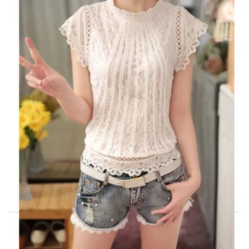 

2019 New Style Summer Female Fashion Hollow Out Lace-top Blouse Women's Short Sleeve Blouse Shirts