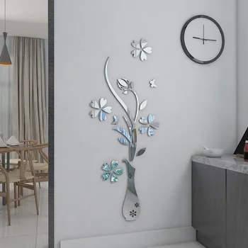 

Mirror Flower vase 3d crystal acrylic DIY 3D wall stickers&Murals Entranceway mirror furniture decoration sliver gold color