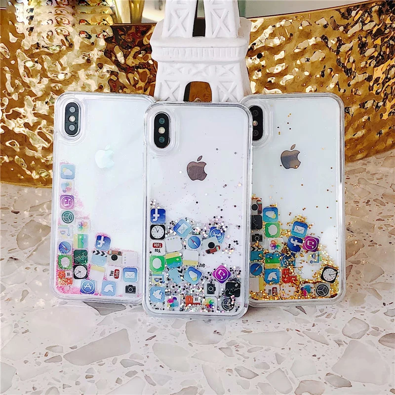 

Stylish PC+TPU Phone Case For iphone XS XR XS Max Liquid Quicksand Fun Icon For iphone X 8 7 6 6s plus Soft Shell Cover