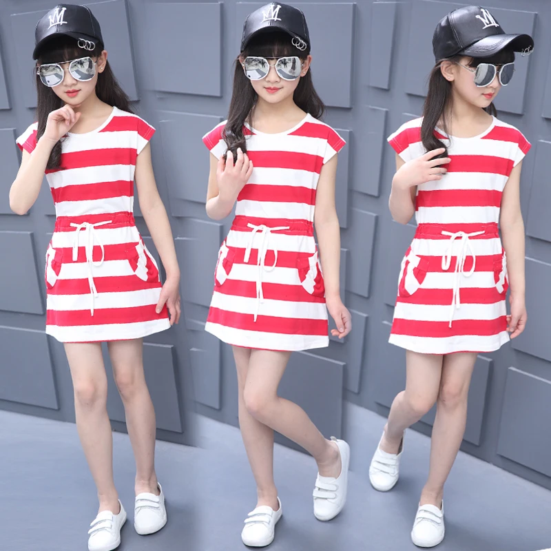 5 14 Year Girl Summer Dresses Children S Clothing Student Leisure One Piece Teenage Kids Short Sleeved Stripe Beach Cotton New Girls Summer Dress Girls Summersummer Dress Children Aliexpress