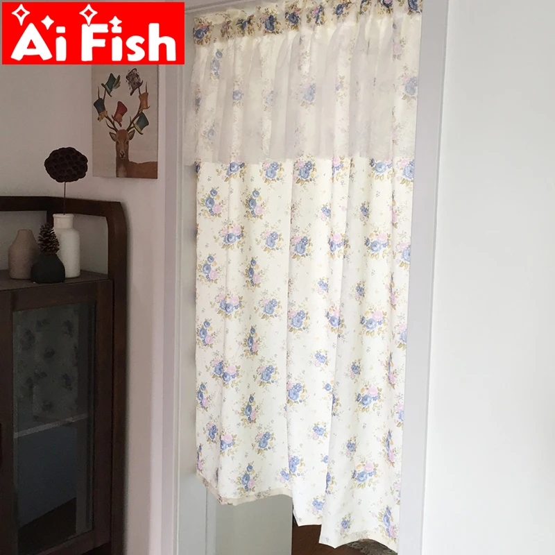 

Korean Rural Home Garden Floral Lace Half Curtain Fabric Blue Print Short Curtain Partition Door Curtain Kitchen Drapes A54-40
