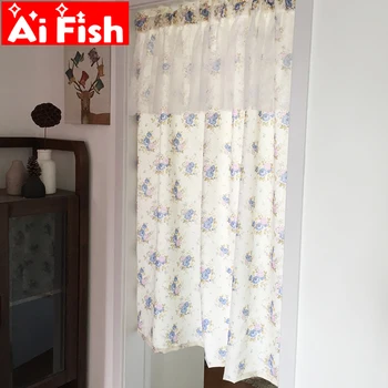

Korean Rural Home Garden Floral Lace Half Curtain Fabric Blue Print Short Curtain Partition Door Curtain Kitchen Drapes MY402-40