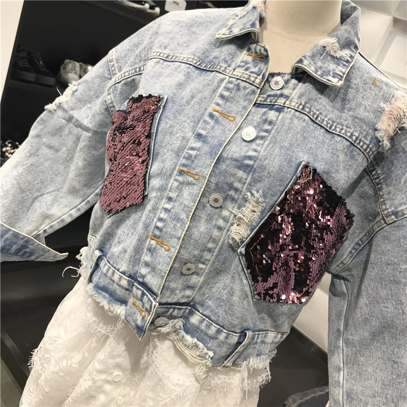 Cakucool New Denim Jacket Red Sequins 