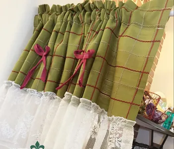 

New Pastoral White Lace Green Red Plaid Short Curtain Door decoration Half Kitchen Curtain For Living Room Bathroom AA50