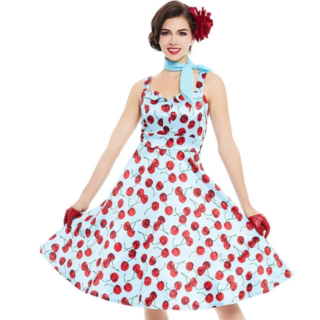 New 1950s Vintage Dress Style Floral Print Summer Cherry Rockabilly