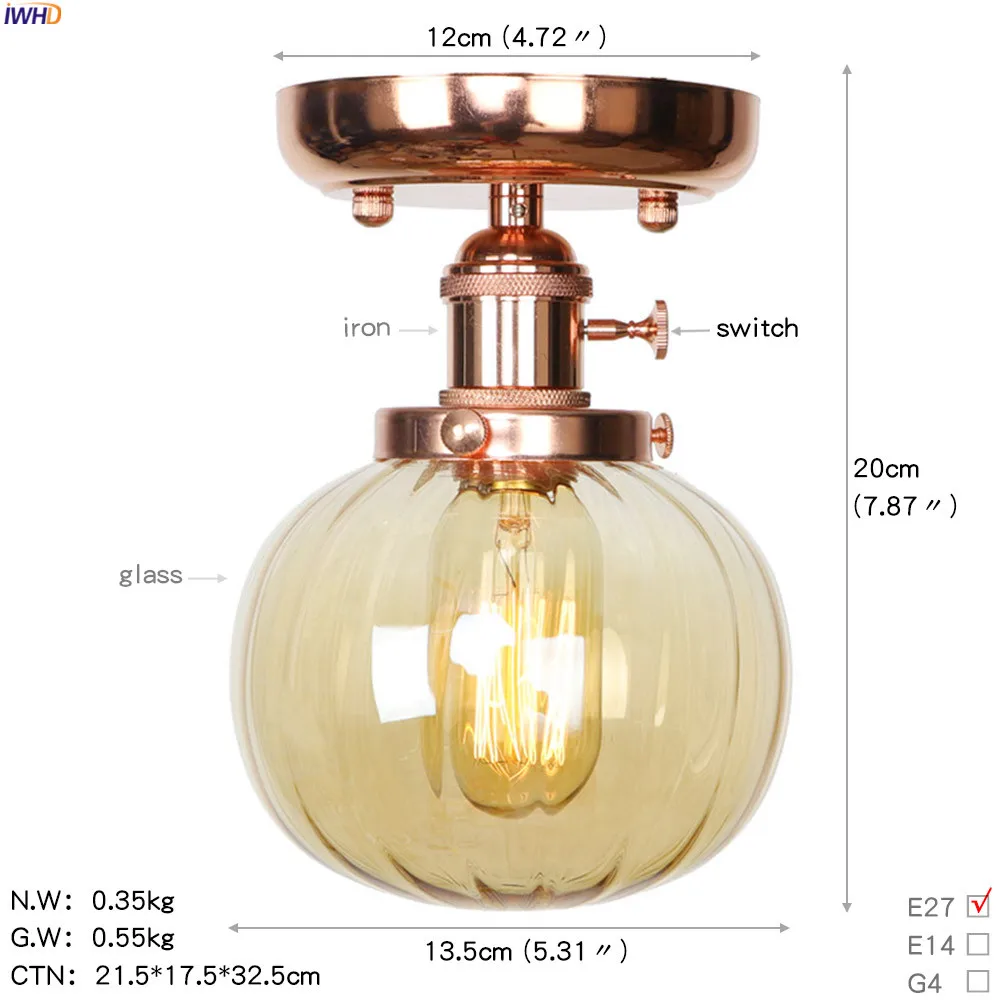 IWHD Nordic железный металлический светодиодный потолочный светильник балкон Освещение в гостиную Edison стеклянные потолочные светильники Plafon Lamparas De Techo