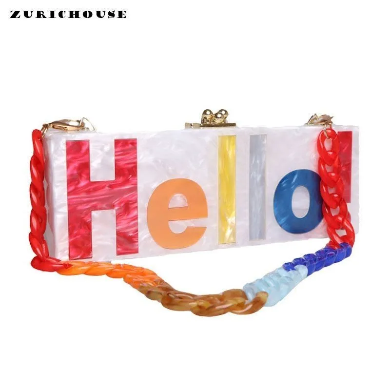 

ZURICHOUSE 2019 Women Evening Bags Luxury Handmade Hello-letter Appliques Acrylic Hard Box Party Clutch Purse Handbags Ladies