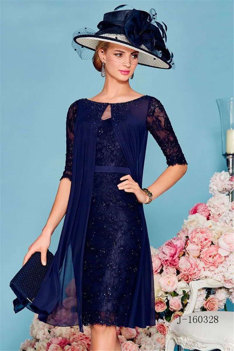 2017 Mother Of The Bride Dresses With Jacket Cap Sleeves Navy Blue Short Evening Dresses Mother Dresses vestido de madrin (2)