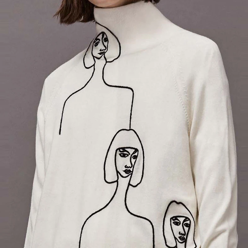 

Winter Women Turtleneck White Knitted Sweater Abstract Figure Embroidery Loose Black Korean Style Vintage Sweater