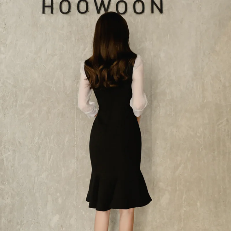 Летнее женское лоскутное платье-Русалка плюс размер черный длинный рукав бант винтажное офисное женское платье Элегантное рабочее Клубное платье миди