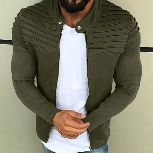 

New Men Zipper Jacket Spring Autumn Slim Army Green Stand Collar Army Jacket Rib Shoulder Casual Long-Sleeved Quality Clothing