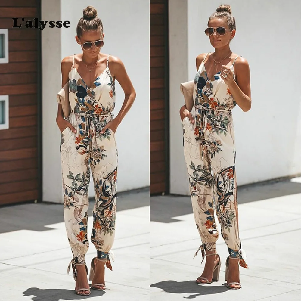 

LALYSSE Summer Women Casual Sleeveless V-Neck Jumpsuits Fashion Ladies Boho Floral Bodysuits Wide Leg Loose Long Pants Trousers